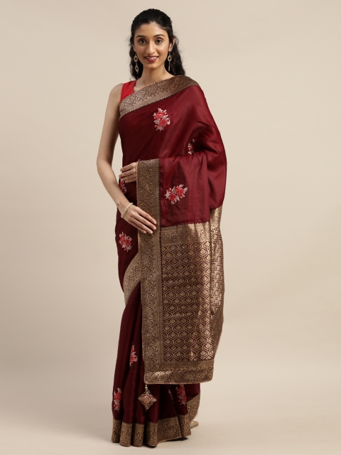 

Indian Women Maroon & Gold-Toned Poly Silk Embroidered Saree