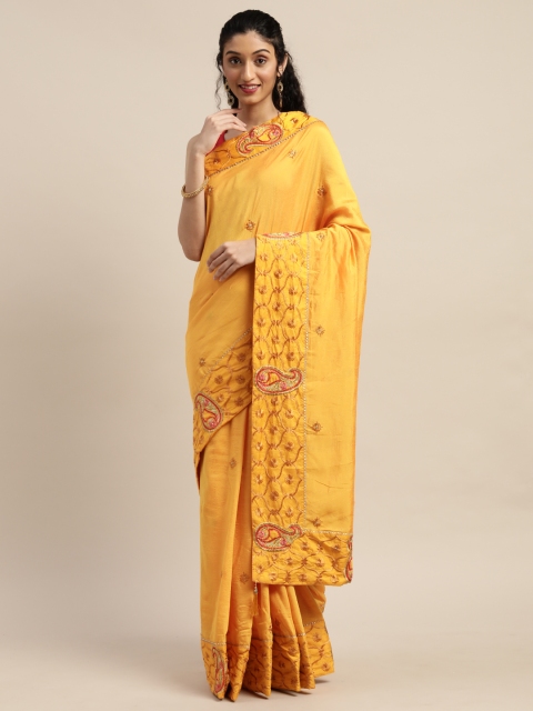 

Indian Women Mustard Yellow Embroidered Poly Silk Saree