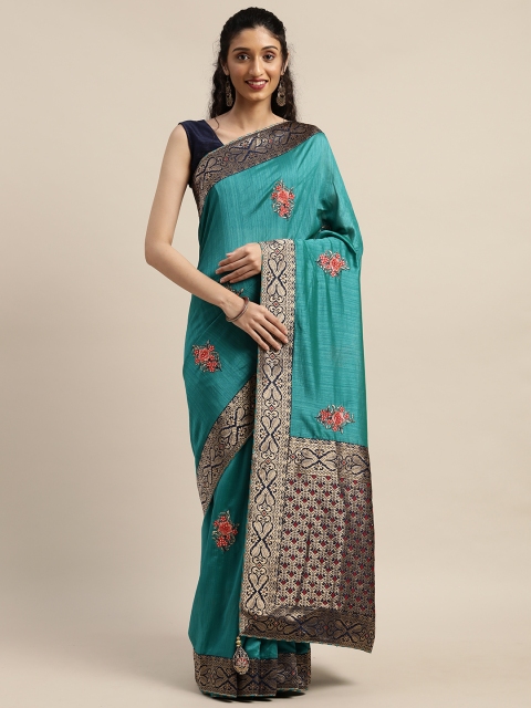 

Indian Women Turquoise Blue Poly Silk Embroidered Patola Saree