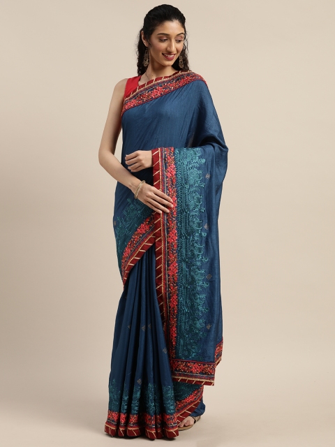 

Indian Women Navy Blue Poly Silk Embroidered Ikat Saree