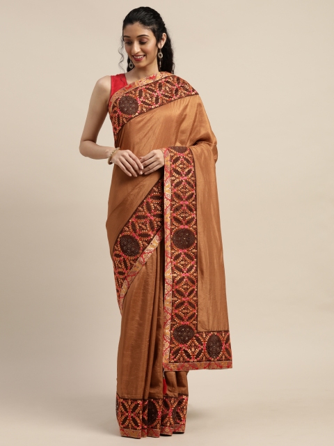 

Indian Women Brown Solid Poly Silk Saree with Embroidery