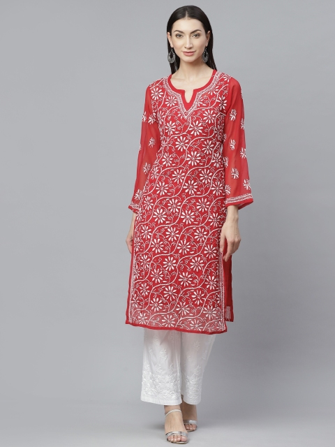 

ADA Women Red & White Chikankari Hand Embroidered Sustainable Kurta with Palazzos