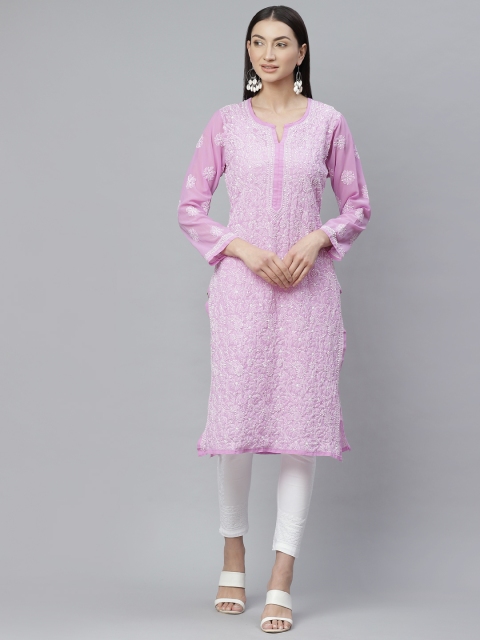 

ADA Women Purple & White Chikankari Hand Embroidered sheer Sustainable Handloom Kurta with Trousers