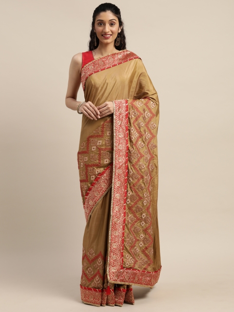 

Indian Women Brown & Red Poly Silk Embroidered Ikat Saree