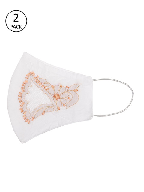 

ADA Women Pack of 2 White & Orange Chikankari Embroidered Reusable Outdoor Cloth Sustainable Masks