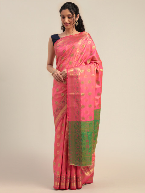 

Mitera Pink & Golden Silk Blend Woven Design Kanjeevaram Saree