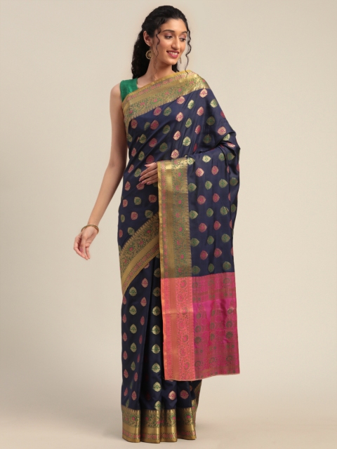 

Mitera Navy Blue & Pink Silk Blend Woven Design Kanjeevaram Saree