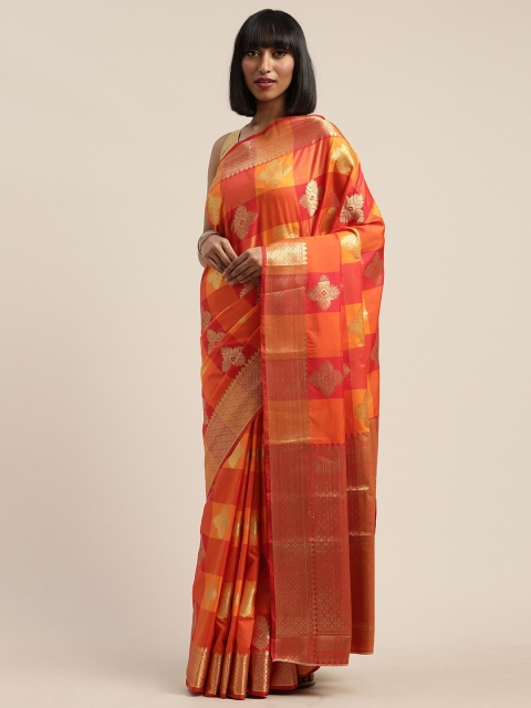 

Mitera Red & Orange Silk Blend Woven Design Kanjeevaram Saree