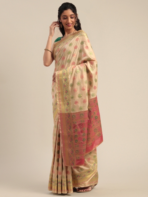 

Mitera Cream-Coloured & Pink Silk Blend Woven Design Kanjeevaram Saree