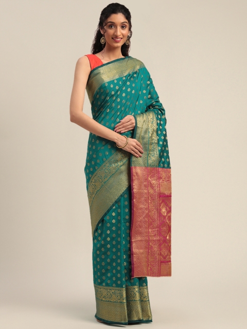 

Mitera Teal Green & Gold-Toned Silk Blend Woven Design Banarasi Saree