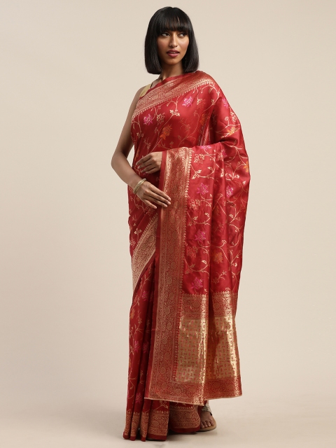 

Mitera Red & Gold-Toned Silk Blend Woven Design Banarasi Saree