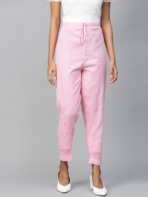 

ADA Women Pink Regular Fit Self Striped Sustainable Kota Cropped Trousers