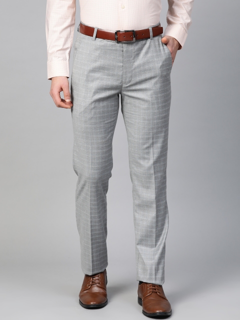 

MANQ Men Grey Melange Checked Slim Fit Formal Trousers