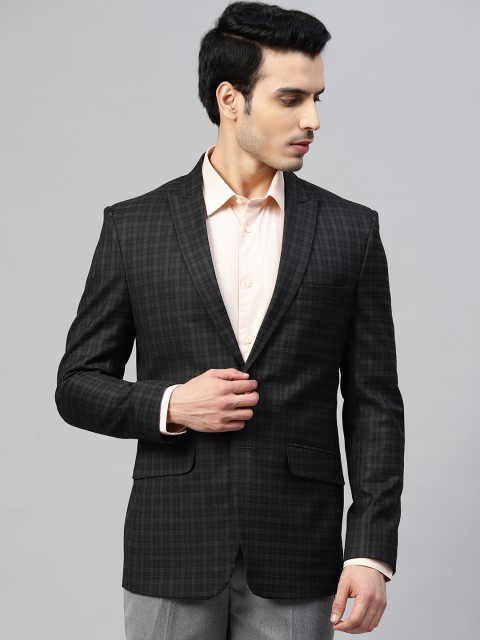 

MANQ Men Black and Green Checked Slim Fit Single-Breasted Blazer