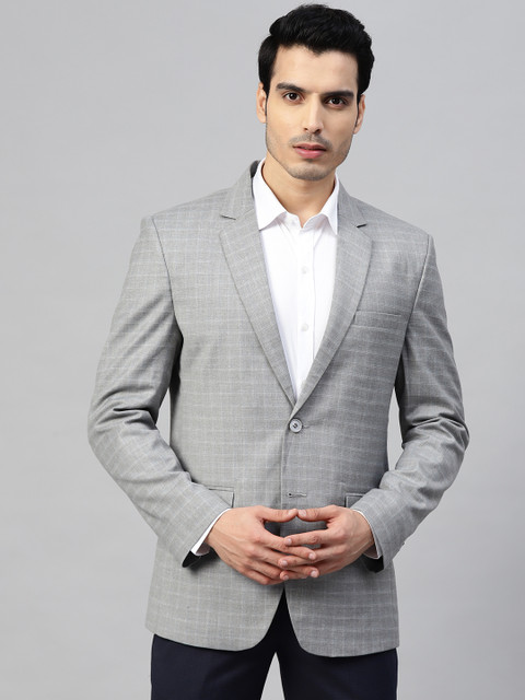 

MANQ Men Grey Checked Slim Fit Single-Breasted Formal Blazer