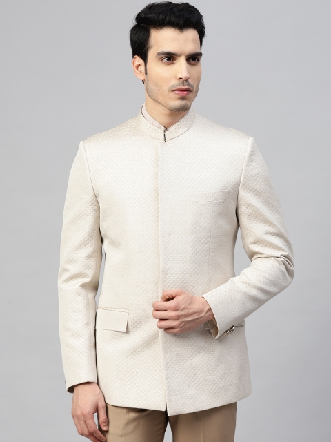 

MANQ Men Beige Self-Design Slim-Fit Single-Breasted Bandhgala