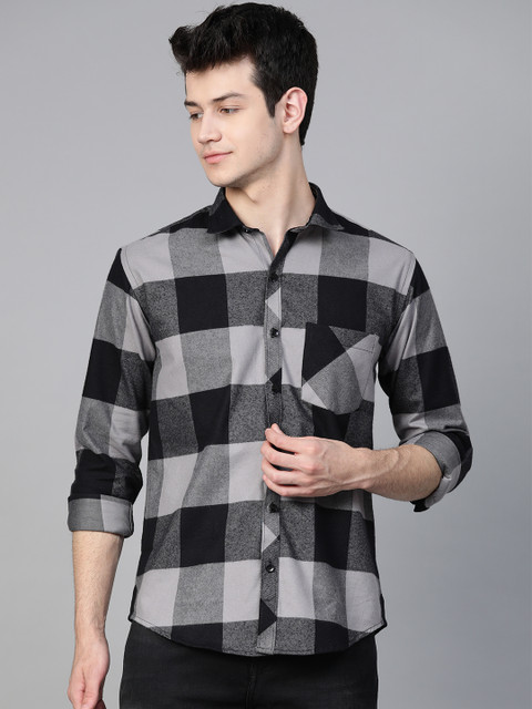 

ManQ CASUAL Men Black & Grey Slim Fit Checked Casual Shirt