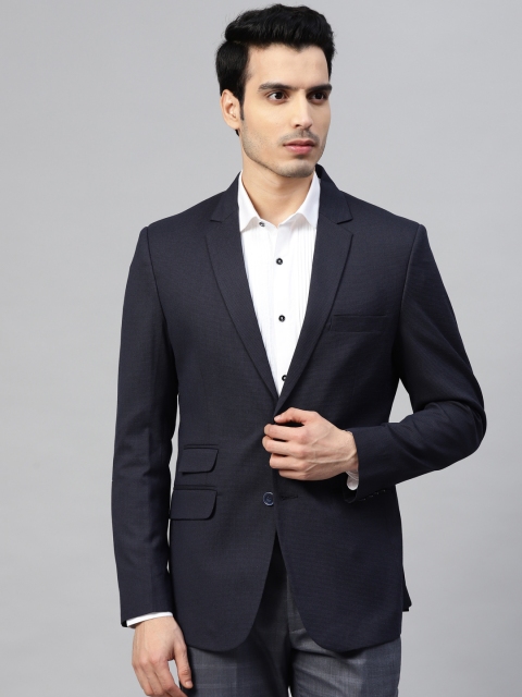 

MANQ Men Navy Blue Self-Design Slim-Fit Single-Breasted Blazer