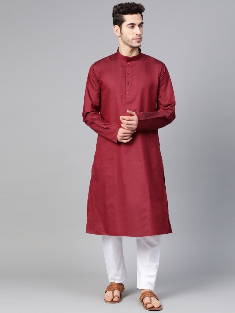 

MANQ Men Maroon & White Solid Kurta with Pyjamas