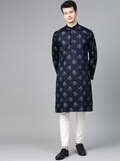 

MANQ Men Navy Blue & White Floral Printed Straight Kurta