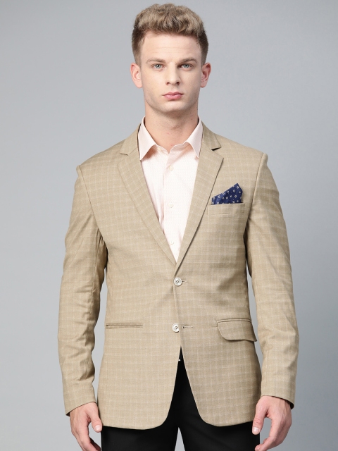 

MANQ Men Beige & White Checked Slim-Fit Single-Breasted Blazer