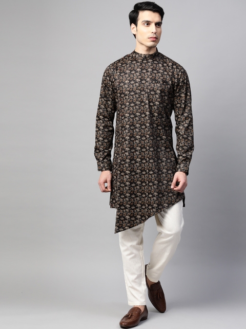 

MANQ Men Black & Brown Paisley Print Asymmetric Hem Straight Angrakha Kurta