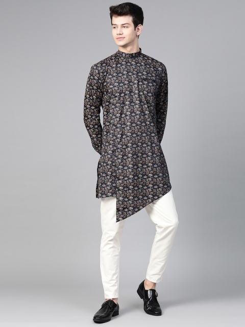 

MANQ Men Navy Blue & Brown Paisley Print Asymmetric Kurta