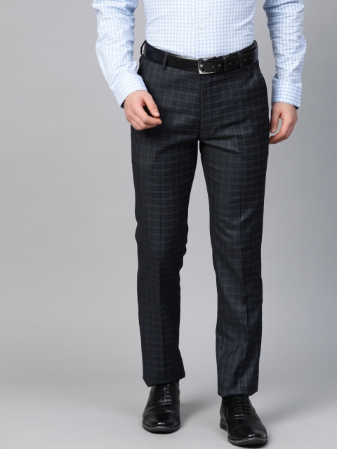 

MANQ Men Navy Blue Checked Slim Fit Formal Trousers