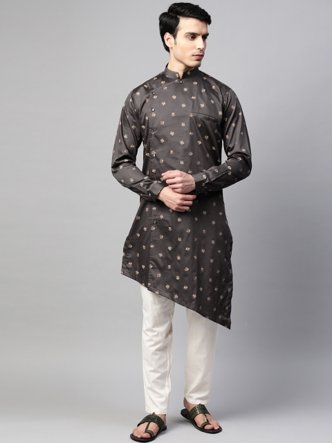 

MANQ Men Grey & Golden Printed Asymmetric Hem Straight Angrakha Kurta