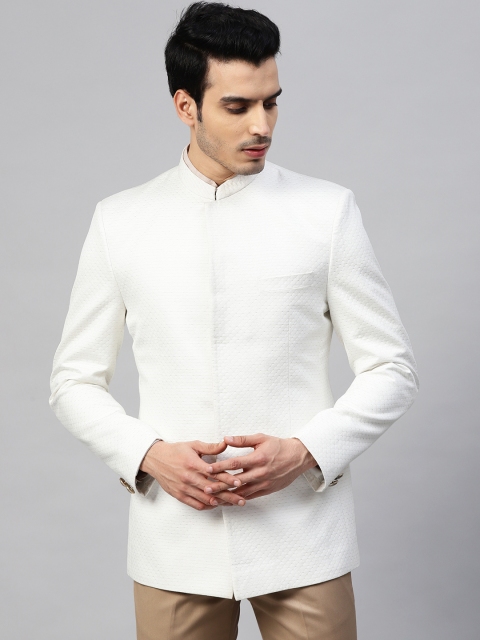 

MANQ Men Off-White Slim Fit Self-Design Single-Breasted Bandhgala Ethnic Blazer