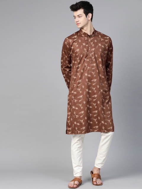 

MANQ Men Brown & Beige Floral Printed Straight Kurta