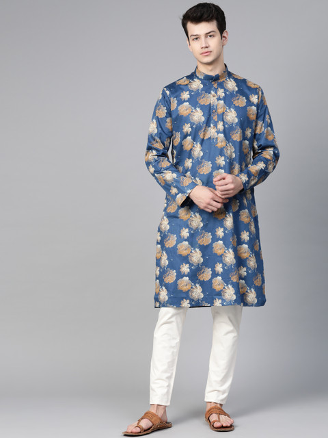 

MANQ Men Navy Blue & Beige Floral Printed Straight Kurta