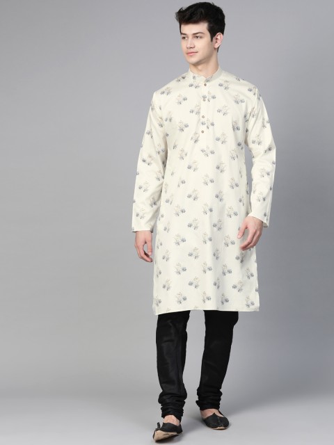 

MANQ Men Off-White & Navy Blue Floral Printed Straight Kurta