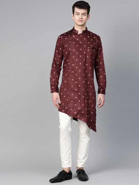 

MANQ Men Burgundy & Beige Leaf Print Asymmetric Kurta