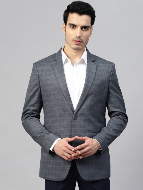 

MANQ Men Grey & Blue Checked Slim Fit Single-Breasted Formal Blazer