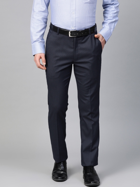 

MANQ Men Navy Blue Self Design Slim Fit Formal Trousers