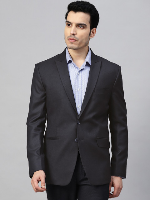 

MANQ Men Navy Blue & Black Twill Weave Self-Design Slim Fit Single-Breasted Formal Blazer