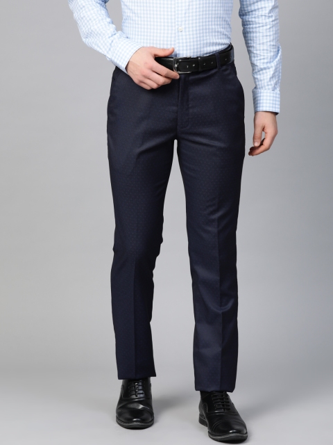 

MANQ Men Navy Blue Self Design Slim Fit Formal Trousers