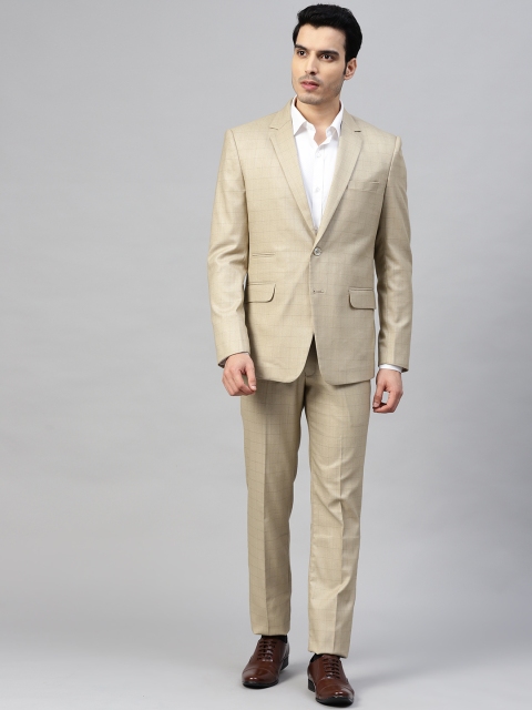 

MANQ Men Beige Checked Slim Fit Single-Breasted Formal Suit