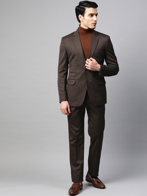 

MANQ Men Coffee Brown Slim Fit Self-Striped Single-Breasted Formal Suit