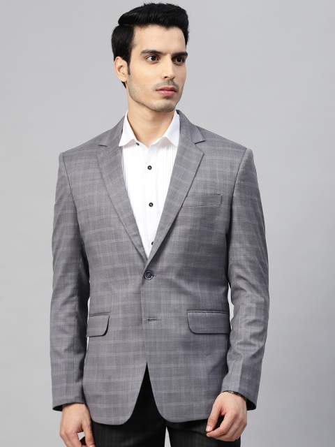 

MANQ Men Grey Self-Checked Slim Fit Single-Breasted Formal Blazer