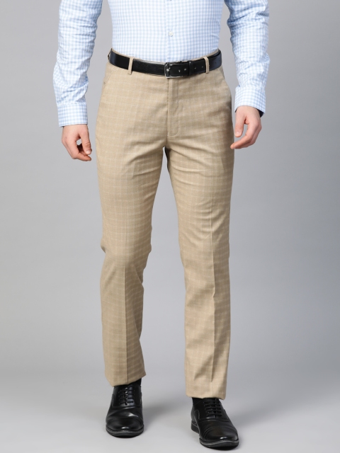 

MANQ Men Beige Checked Slim Fit Formal Trousers