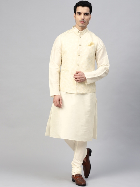 

MANQ Men Off-White & Golden Solid Kurta with Churidar & Self Design Nehru Jacket