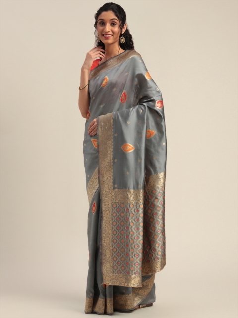 

Mitera Grey & Orange Silk Blend Woven Design Kanjeevaram Saree