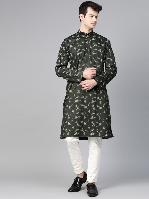

MANQ Men Green & Beige Floral Print Straight Kurta
