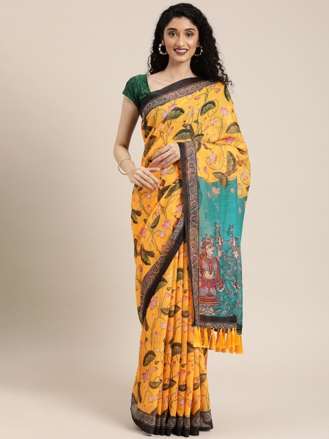 

VASTRANAND Yellow & Green Linen Blend Floral Printed Saree