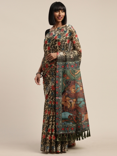 

VASTRANAND Cream-Coloured & Green Linen Blend Kalamkari Printed Saree