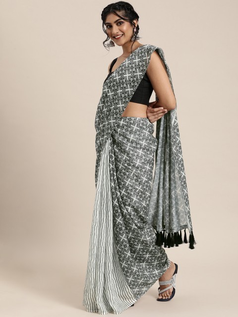 

VASTRANAND White & Black Linen Blend Bandhani Printed Half & Half Saree