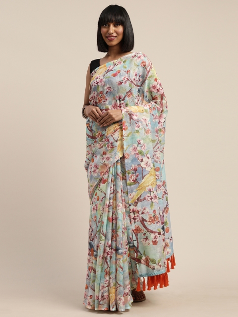 

VASTRANAND Blue & Red Linen Blend Floral Printed Saree