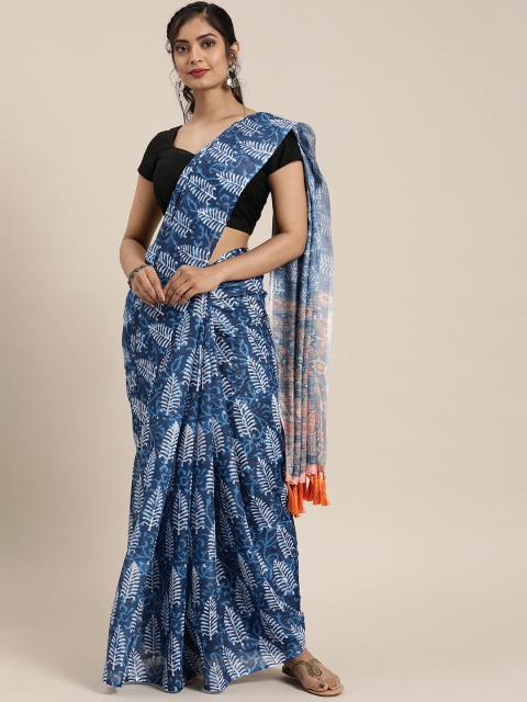 

VASTRANAND Navy Blue & White Linen Blend Printed Bagru Saree